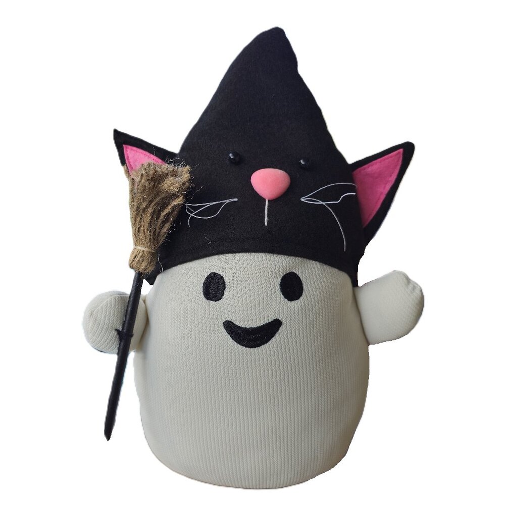 NWT Ghost Cat Witch Hat Holding Broom  14" Shelf Sitter Table Weighted Decor